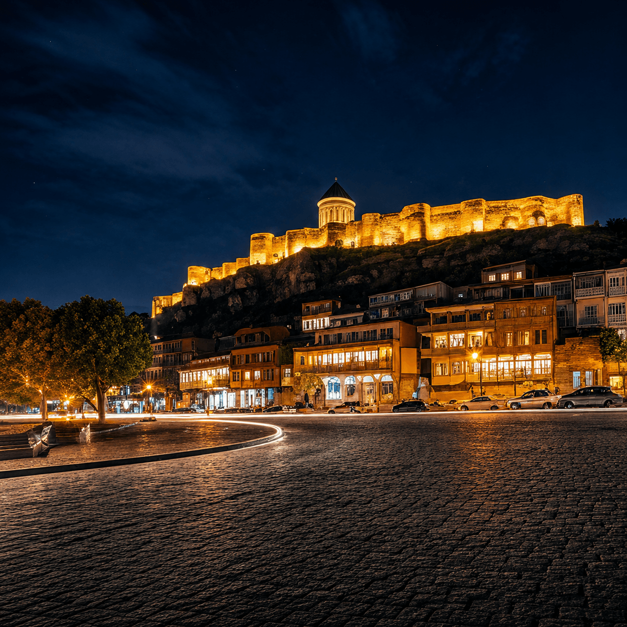 Night view of Tbilisi with Narikala Fortress